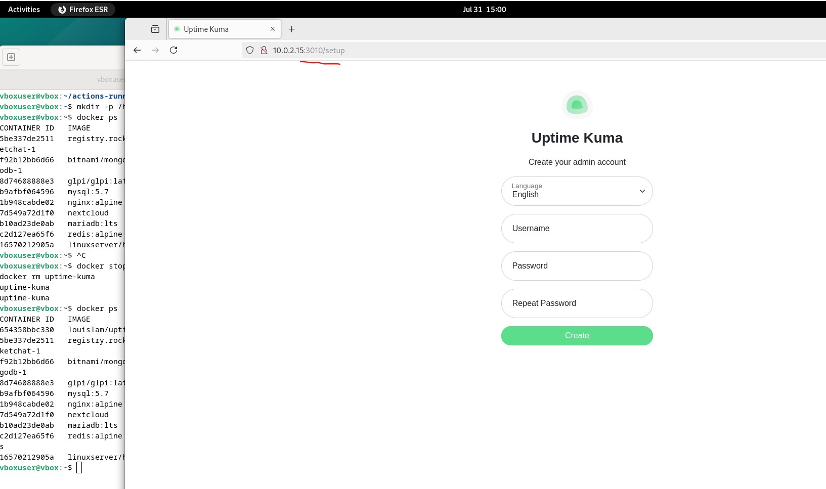 Uptime Kuma accessible sur le port 3010
